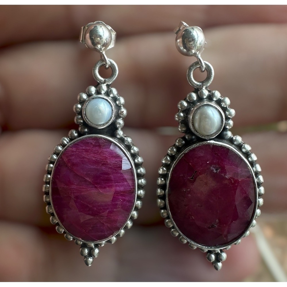 Vintage Artisan Stud Dangle Earrings 1.3 Inch Ruby Pearl 925 Sterling 10.4g
